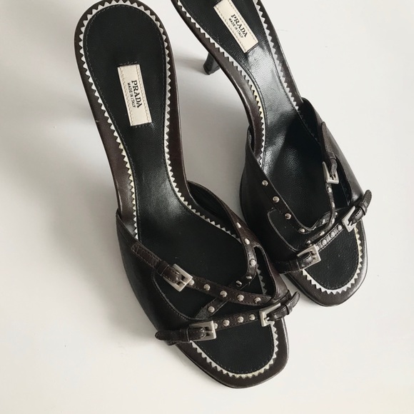 Prada Shoes - Prada Brown Strappy Studded Low Heel Sandals